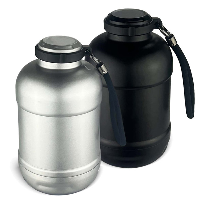 A drink bottle set featuring one silver and one black vacuum insulated bottle, each with a sturdy cap and handle.