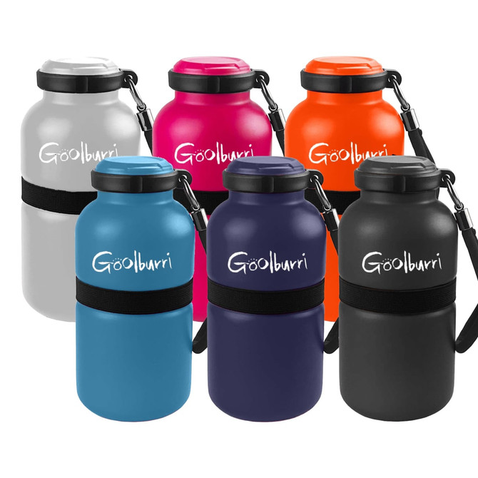 A drink bottle collection featuring six vacuum flasks in grey, orange, pink, blue, purple, and black, each with a logo.