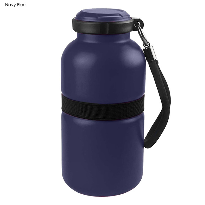 A drink bottle in navy blue with a black strap and a lid, featuring a logo. Ideal for holding beverages.