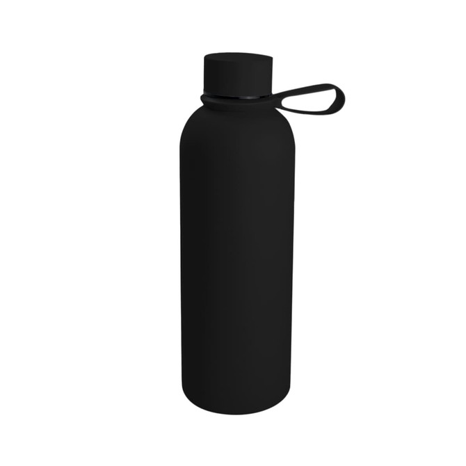 A drink bottle in sleek black, featuring a single wall design and a handle on the cap. It has a logo on the side.