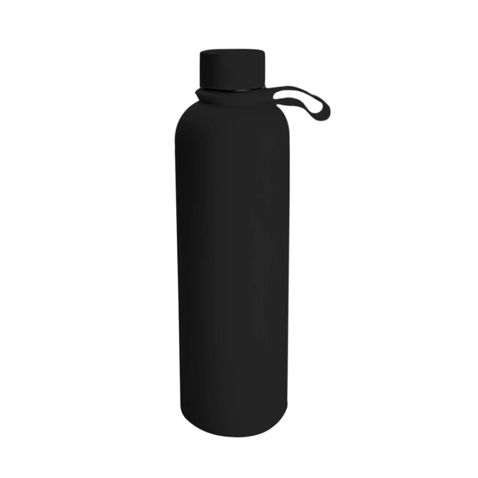 A drink bottle in matte black, designed as a 750ml vacuum flask with a looped cap and branding.