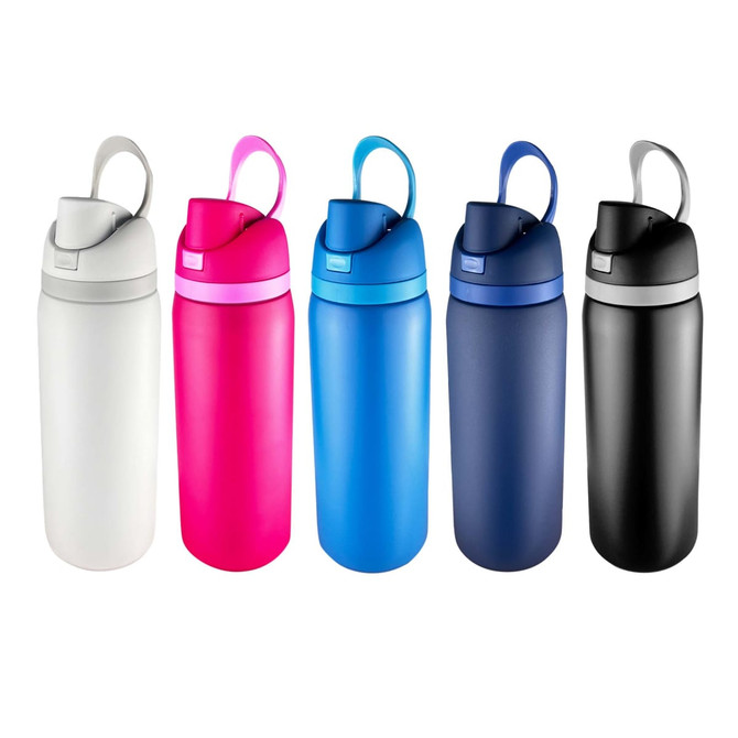 A drink bottle collection featuring white, pink, blue, navy, and black colours, each with a carrying handle and logo.