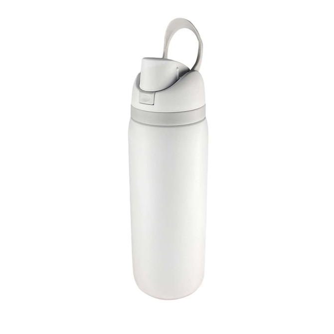A drink bottle in white with a grey lid and a carrying handle, featuring a logo on the side.