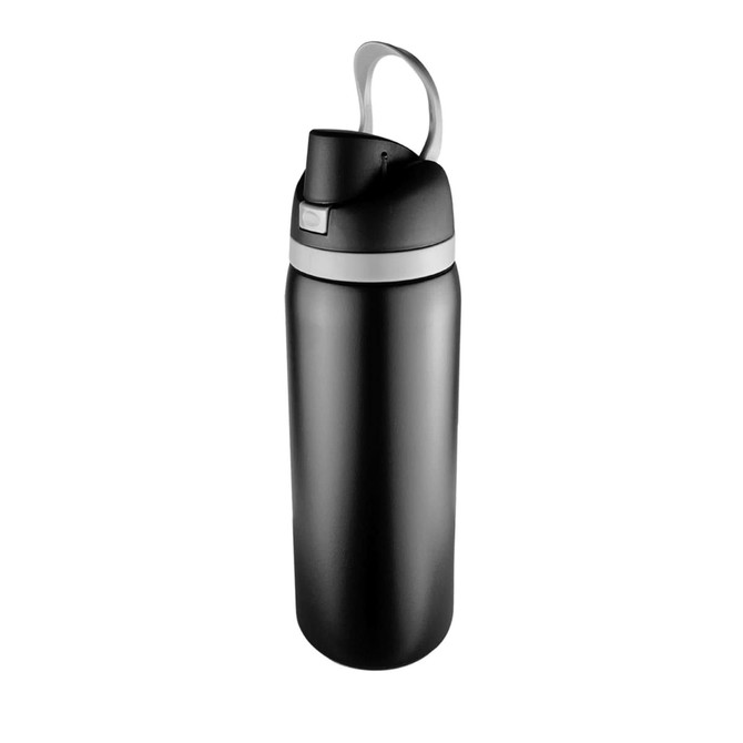 A black metal drink bottle with a grey cap and a carrying handle, featuring a logo on its surface.
