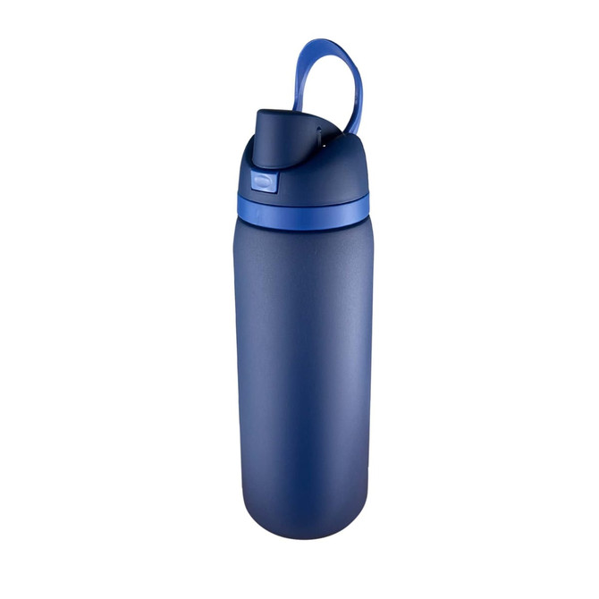 A drink bottle in navy blue with a flip-top lid and a handle. It features a logo on its body.