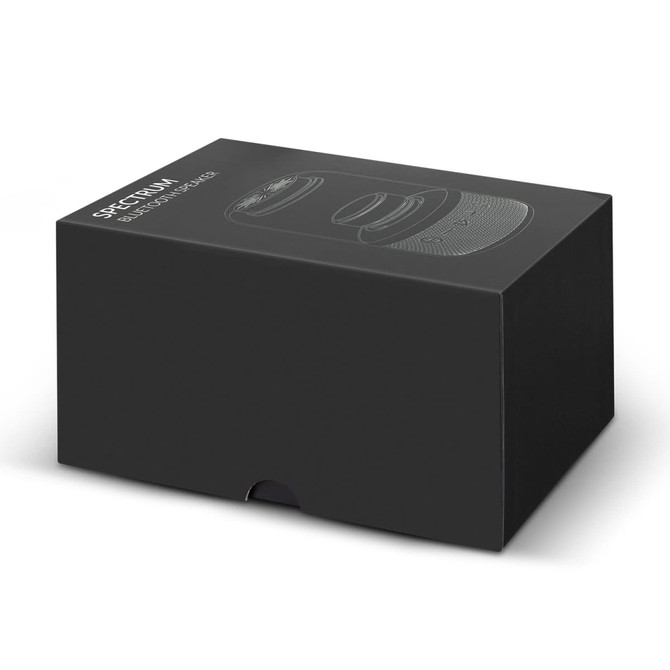 A black box packaging for the Spectrum Bluetooth Speaker, featuring a simple design and logo on the front.