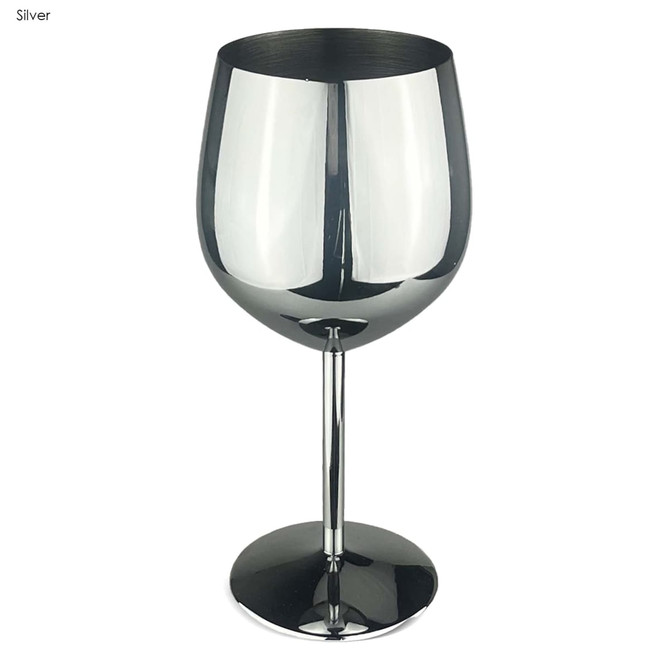 A stainless steel wine glass in a shiny silver finish, featuring a sleek design and a sturdy base.