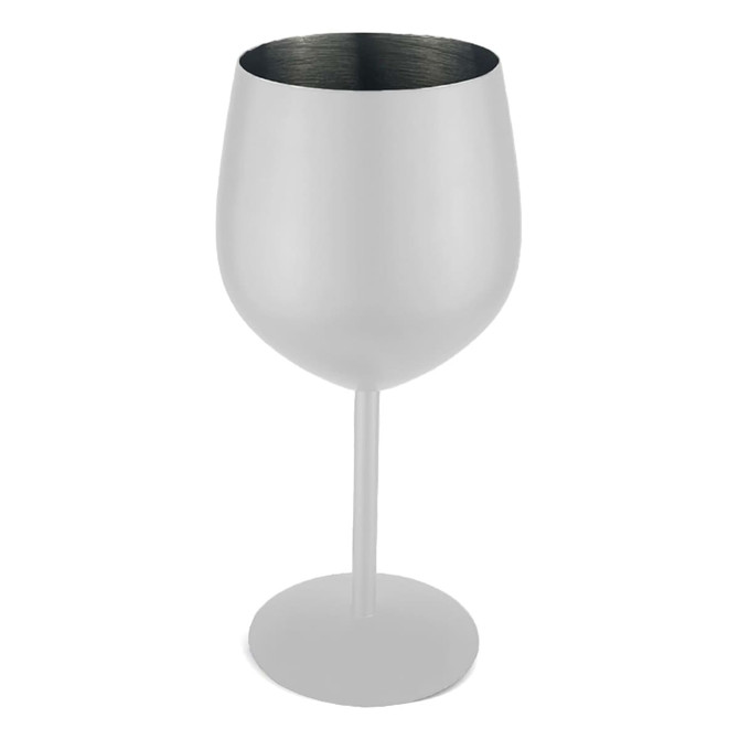 A stainless steel wine glass with a matte white exterior and a shiny silver interior. It features a stem and base.