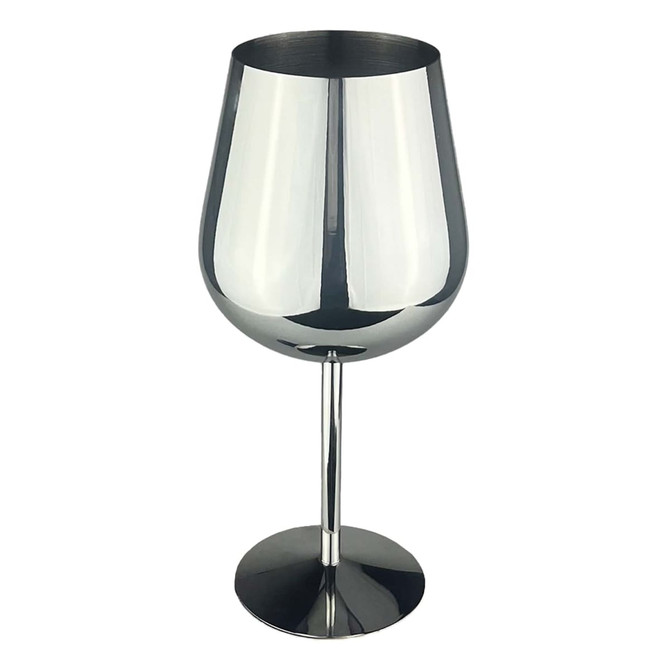 A stainless steel wine glass with a shiny silver finish and a tall stem. The design is sleek and modern.