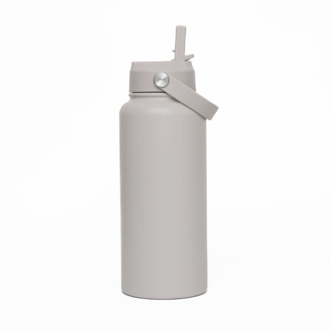 A drink bottle in pale grey, featuring a flip-top lid and a side handle. It has a logo on the body.