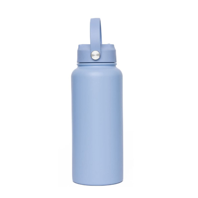 A drink bottle in light blue with a handle and a lid. Features a smooth surface and has a logo.