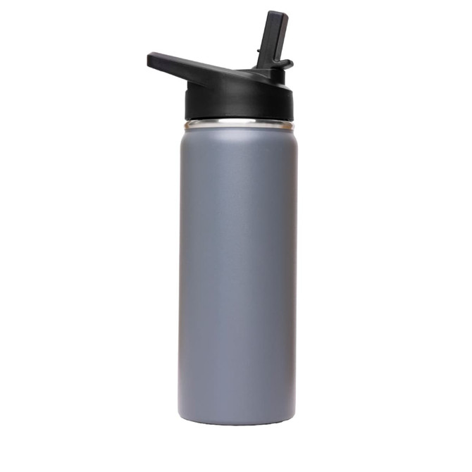 A drink bottle in matte grey with a black flip top lid and a logo on the side.