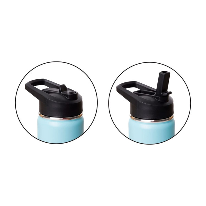 A drink bottle featuring a light blue body and a black flip top lid. It has a logo on the side.