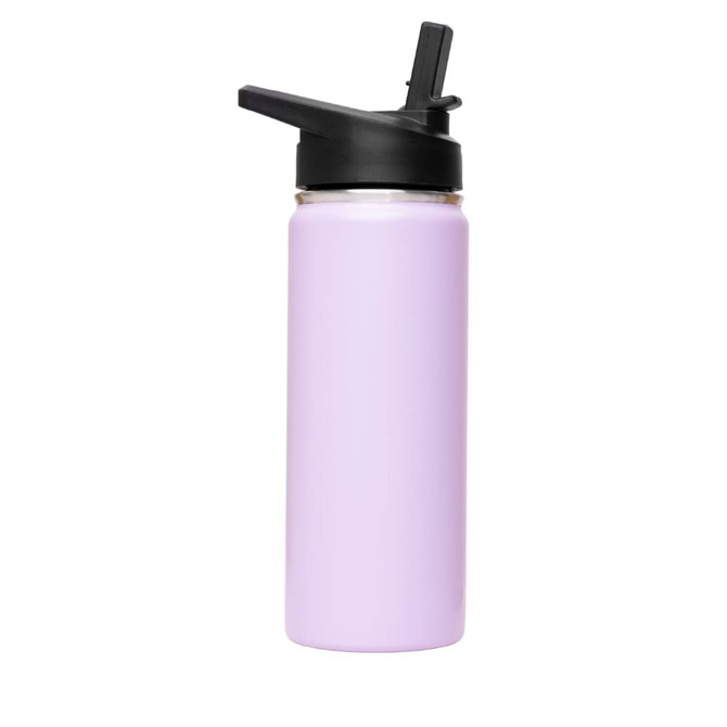 A drink bottle with a flip top lid in a soft lavender colour, featuring a black lid and a logo.