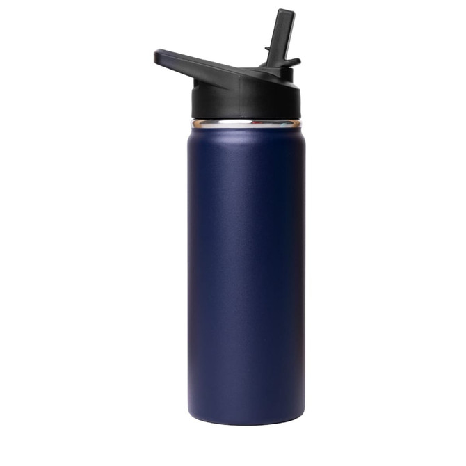 A drink bottle featuring a navy blue exterior, a flip top lid, and a silver accent. It includes a branding logo.