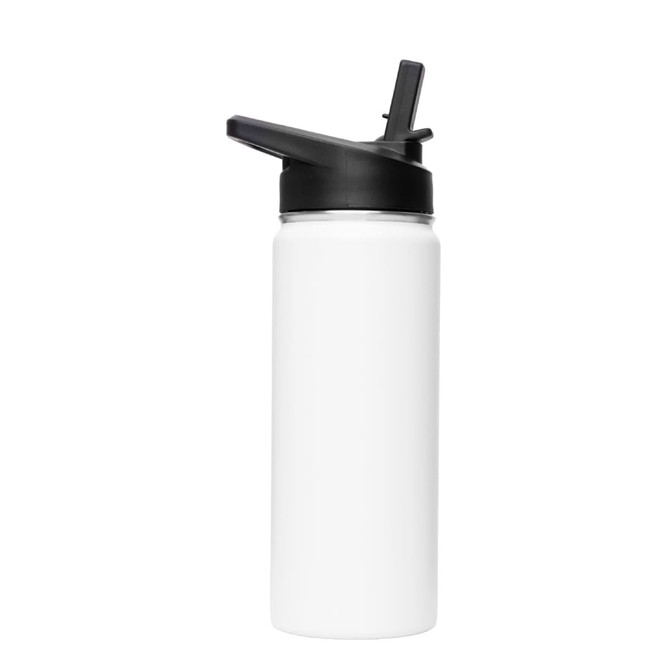 A drink bottle in white with a black flip top lid and a branding logo. Suitable for beverages.