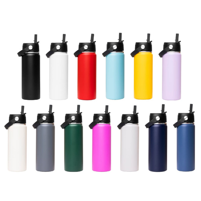 A drink bottle collection featuring 14 vacuum bottles in various colours including black, white, red, blue, yellow, purple, green, and pink. Each has a rotating carry handle lid and a logo.