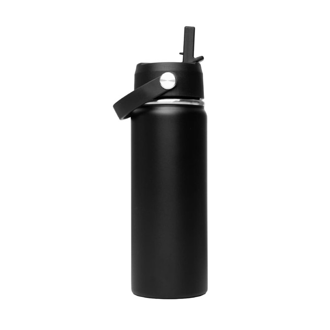 A drink bottle in matte black with a rotating carry handle lid and a logo on the side.