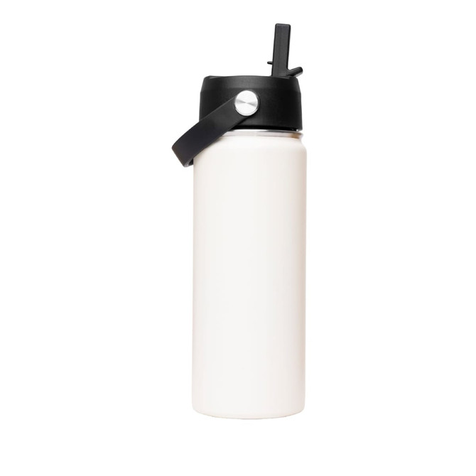 A drink bottle with a white body, black lid, and a rotating carry handle. It features a logo on the lid.