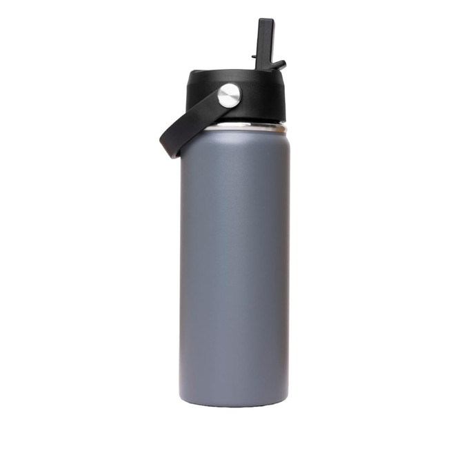 A drink bottle in grey with a black rotating carry handle lid and a logo. Ideal for keeping beverages hot or cold.