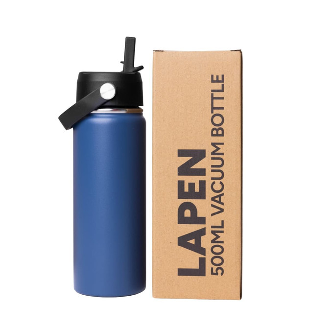 A drink bottle in navy blue with a rotating carry handle lid, displayed beside its box featuring a logo.