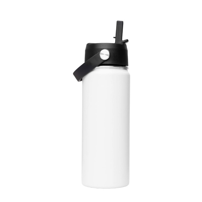 A drink bottle in white with a black lid and a rotating carry handle. It features a logo on the lid.