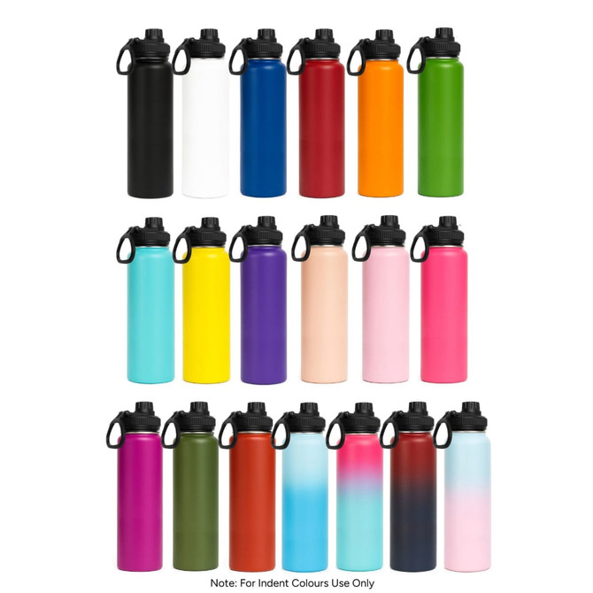 A drink bottle collection featuring various colours, including black, white, orange, purple, pink, and green, with screw cap lids.
