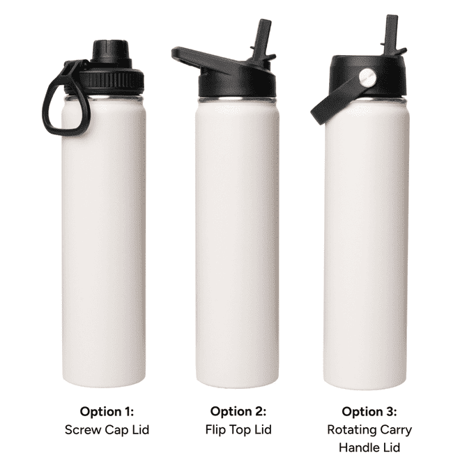 A drink bottle in white featuring three different lid options: screw cap, flip top, and rotating carry handle.