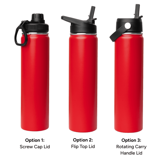 A drink bottle set featuring a red 750ml vacuum bottle with three lid options: screw cap, flip top, and rotating carry handle.