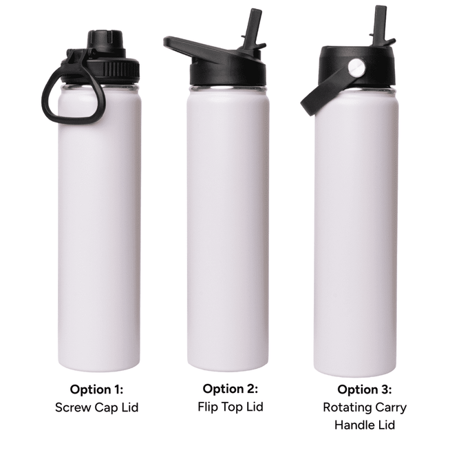 A drink bottle trio in white, featuring a screw cap lid, flip top lid, and rotating carry handle lid.