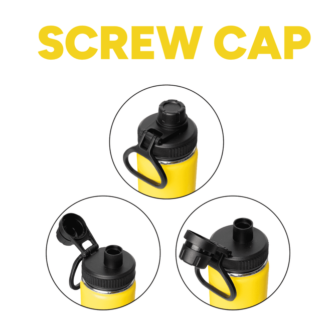 A drink bottle featuring a yellow exterior and a black screw cap, including multiple lid options and a logo.