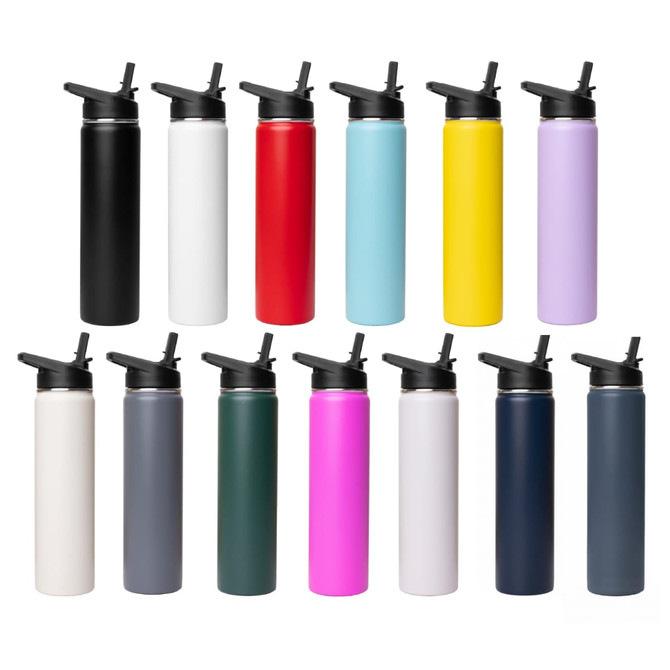 A drink bottle collection featuring various colours, including black, white, red, blue, yellow, purple, pink, and navy, with flip top lids and logos.
