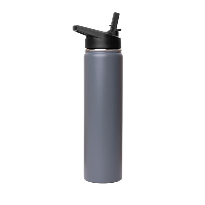A drink bottle in a matte grey finish with a black flip top lid and a logo on the side.