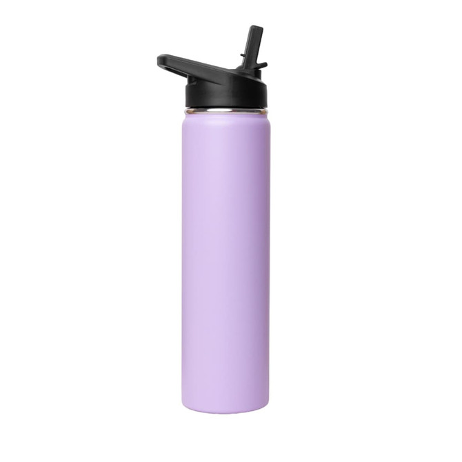 A drink bottle in lilac with a black flip top lid, featuring a logo on the side.