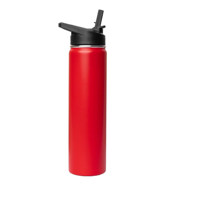 A drink bottle featuring a red finish with a black flip-top lid and a logo on the side.