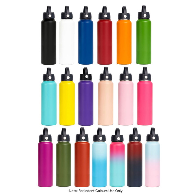 A drink bottle collection featuring various colours, including black, white, orange, yellow, green, and more, with a lid and carry handle.