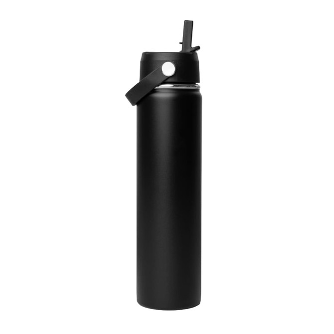 A drink bottle in sleek black, featuring a rotating carry handle lid and a logo. Ideal for hydration on the go.