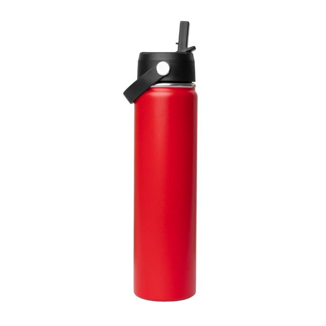 A drink bottle featuring a sleek red design, equipped with a black rotating carry handle lid and a logo.