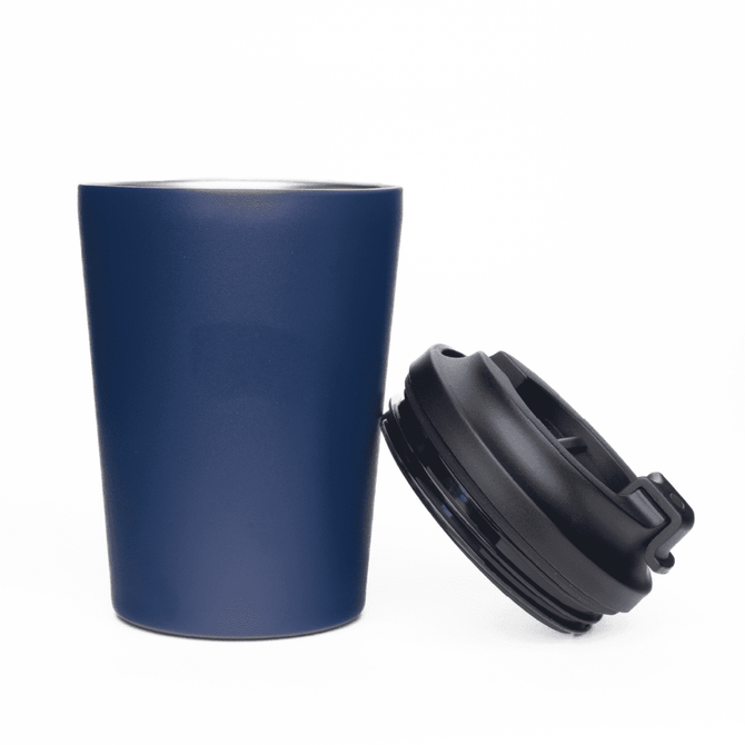 A reusable 360ml double-walled coffee cup in navy blue, accompanied by a black lid with a logo.