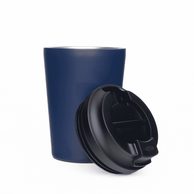 A drink bottle featuring a navy blue double-walled coffee cup with a black lid, designed for reusable use.