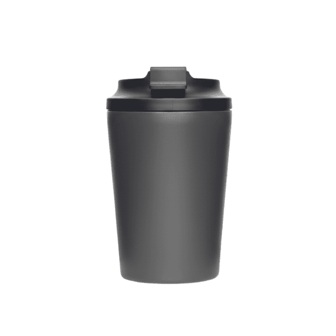 A drink bottle featuring a grey double-walled design with a black lid, complete with a logo.