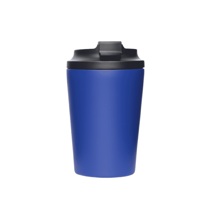 A reusable coffee cup in a vibrant blue colour with a black lid and integrated drinking spout. Features a logo.