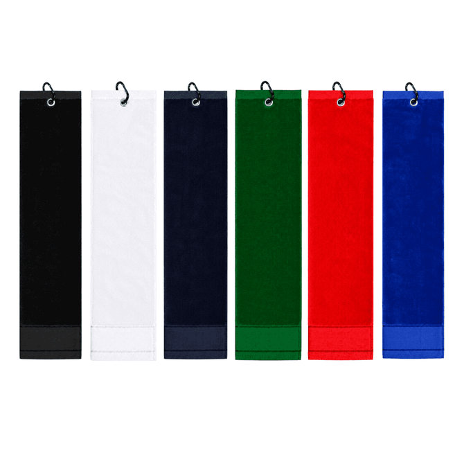 Six cotton golf towels in black, white, navy, green, red, and blue, each featuring a hanging loop.