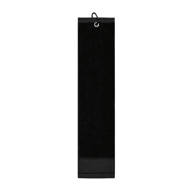 A black cotton golf towel featuring a hang loop, suitable for golf enthusiasts.