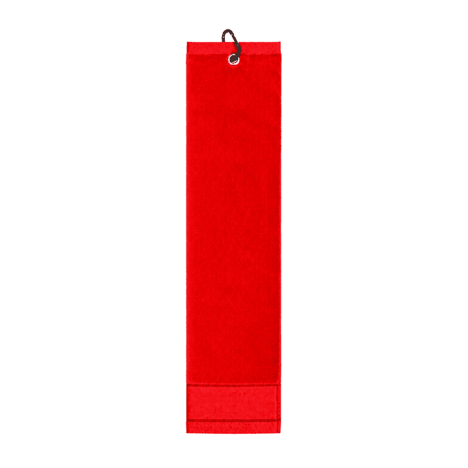 A red cotton golf towel with a hanging loop and a simple design. It features one logo on the surface.