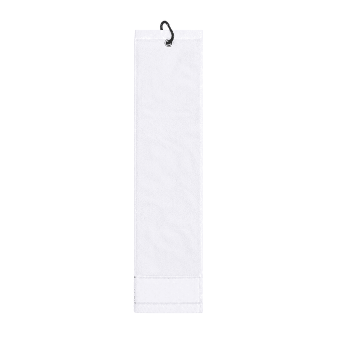 A cotton golf towel in white featuring a hanging loop and a stitched hem.