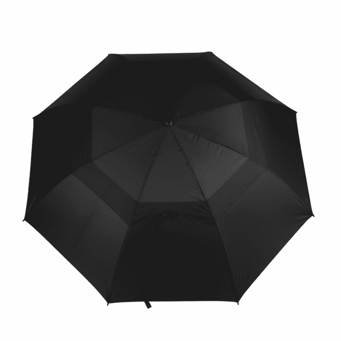 A black golf umbrella with an octagonal shape and a central handle, featuring a logo.