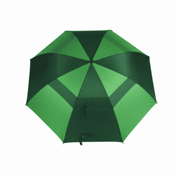 A green golf umbrella featuring a multi-panel design and a handle with a strap. It includes a logo.