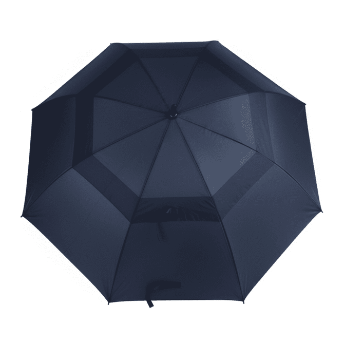 A navy golf umbrella with an octagonal shape and a black handle, featuring a logo on the canopy.