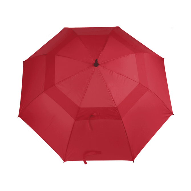 A red golf umbrella with a central handle and a sturdy, octagonal design. It features a logo on the canopy.